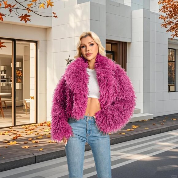 Faux Fur Coat for Women Pink Plus Size Cropped Fluffy Fall Jacket Winter Wear - Picture 2 of 4